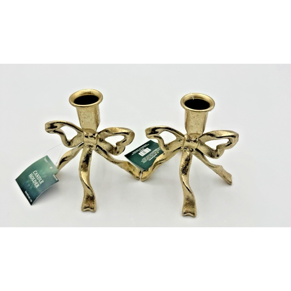 Hobby Lobby Gold Bow Taper Candle Holders Set of 2 Metal Christmas Decor NEW